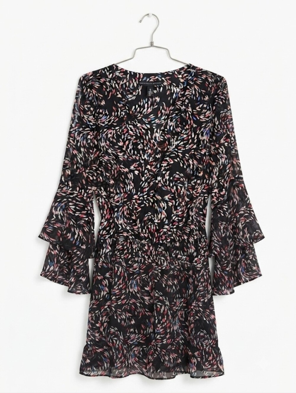 White House Black Market Black Multi-Color Printed Ruffle-Sleeve Dress Size 6